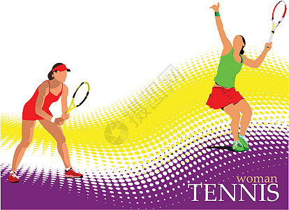 女性网球玩家的海报 d 彩色矢量插图速度行动爱好男人俱乐部运动比赛服务法庭草地图片