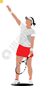 女性网球玩家 为设计师绘制彩色矢量插图法庭比赛球拍服务娱乐运动运动员服务器草地爱好图片