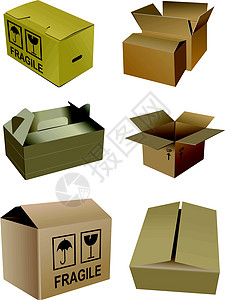 在白色背景上隔离的一套纸箱盒Name邮政展示邮件运输纸盒联邦商业棕色商品瓦楞图片