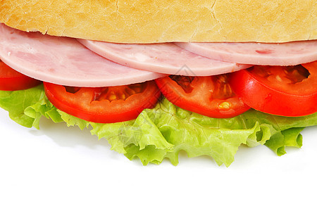 以火腿和新鲜蔬菜为三明治特写三明治叶子美食火鸡小吃午餐面包沙拉牛肉早餐猪肉图片