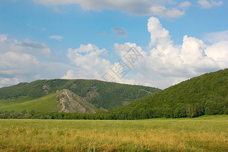 山上有森林的夏月风景图片