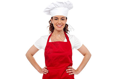 精美的女厨师 用手套在腰上图片