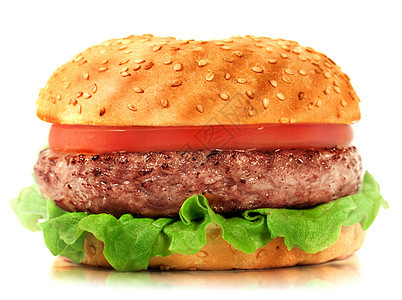 白色背景上孤立的汉堡包宏观红色照片芝麻午餐蔬菜牛肉包子垃圾面包图片