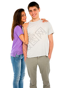 接纳十几岁男孩的少女女孩男朋友牛仔裤拥抱两个人长发头发女朋友棕色双手友谊图片