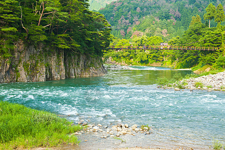 日本风景海浪天蓝色急流山脉日落森林石头流动岩石树木图片