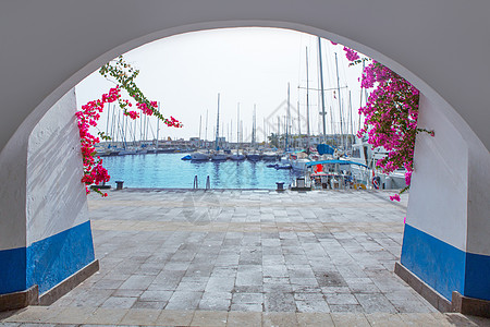 大加那利岛莫干港码头船码头街道利岛殖民旅行粉饰海洋花朵天空港口图片