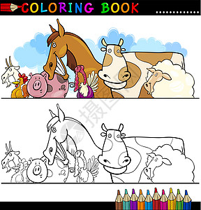 农场和畜牧动物用于涂色奶牛家禽公鸡友谊卡通片小马游戏家畜绘画漫画图片