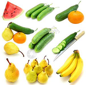 在白色背景上隔离的一套水果和蔬菜 白种松树饮食食物黄瓜营养小吃浆果果汁胡椒香蕉图片