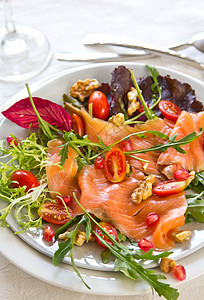 含有石榴 胡桃和火箭沙拉的熏鲑鱼紫色熏制美食矿物树叶午餐叶子食物营养红色图片