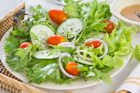 蔬菜沙拉加芝麻芝麻酱食物黑色叶子黄瓜营养健康饮食洋葱草本植物美食图片