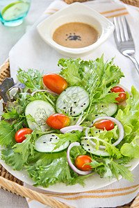 蔬菜沙拉加芝麻芝麻酱敷料营养草本植物黄瓜健康食物洋葱饮食绿色黑色图片