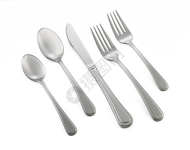 在白色背景上隔离的叉勺和刀早餐金属食物阴影厨具咖啡店服务团体桌子餐具图片