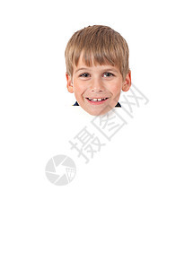 男孩拿着横幅幸福广告牌派对帆布衣服水平孩子手臂手指白色图片