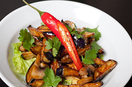 烤茄子中的沙拉香料香菜烹饪蔬菜美食午餐盘子食物炙烤叶子图片
