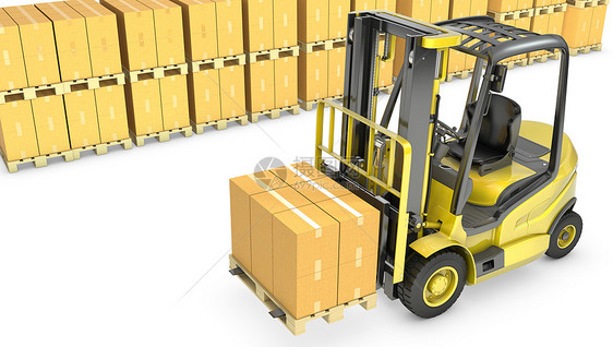 黄色叉式举车 装有堆叠的纸箱箱盒子纸板搬运工车辆力量纸盒贮存工作发动机装载机图片