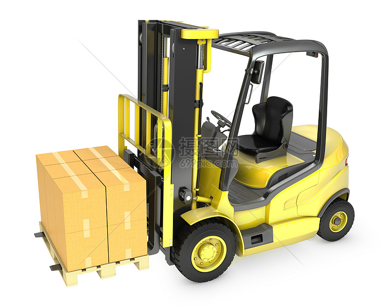 黄色叉式举车 装有堆叠的纸箱箱发动机贮存卡车叉车货运纸板送货托盘包装货物图片
