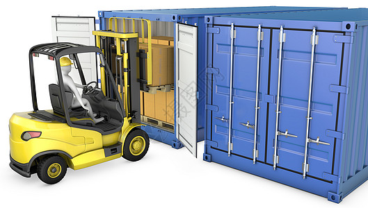 黄叉式卡车卸货货物集装箱搬运工工人盒子运输纸盒船运男人机器贮存装载机图片