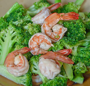 花椰菜炒虾宏观营养盘子海鲜饮食油炸午餐美食用餐绿色图片