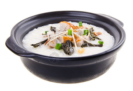 传统中国猪肉粥炒饭 在粘土锅中使用白色美食早餐谷物猪肉烹饪午餐草药食物水平图片