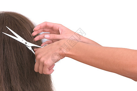 切割年轻女性的理发师微调器沙龙美容师发型金属工具头发棕色工作造型图片