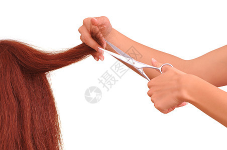 切割年轻女性的理发师沙龙发型微调器棕色剪刀金属造型工作工具头发图片