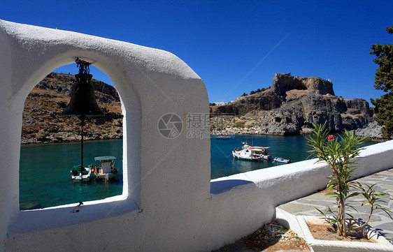 圣保罗斯湾林多斯罗兹希腊寺庙天蓝色旅行石头历史建筑风景地标蓝色遗迹图片