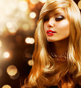 时装女郎 金色头发 金色背景发型卷曲女性金子造型金发嘴唇奢华沙龙海浪图片