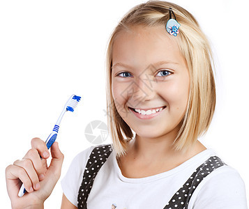 健康的牙牙 小女孩刷牙的女性卫生牙刷青少年刷子金发孩子情绪浴室牙膏图片