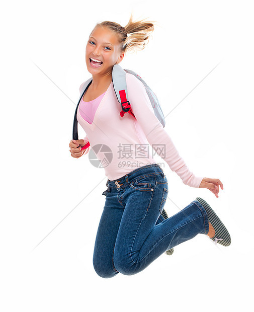 回到学校 快乐和微笑的高中学生跳跃图片