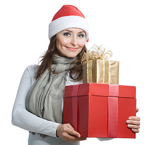 带圣诞礼物的女人展示运动衣服丝带惊喜盒子帽子薄片女士礼物图片