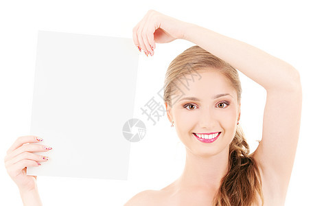 带着空白板的快乐女孩白色广告木板女性空白微笑海报床单展示推介会图片