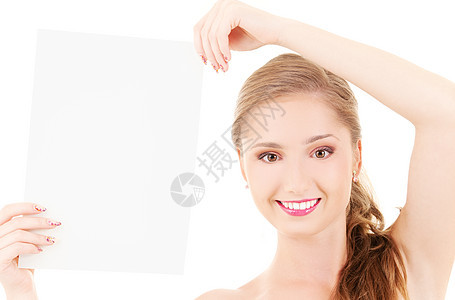 带着空白板的快乐女孩空白床单卡片女性木板展示推介会广告海报白色图片