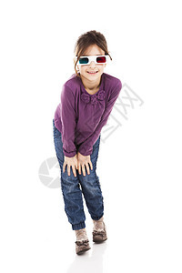 戴3D眼镜的女孩童年快乐白色电影幸福娱乐乐趣蓝色闲暇微笑图片
