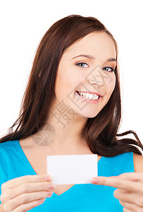 拥有名片的快乐女孩青少年微笑卡片空白蓝色女性白色商业广告人士图片