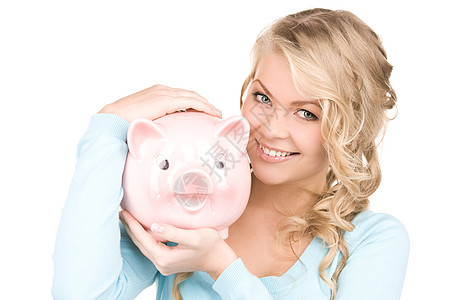 可爱的有小猪银行的女人快乐财政经济金融女性银行金发女郎女孩成人小猪图片