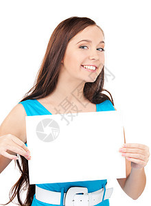 带着空白板的快乐女孩床单青少年卡片木板微笑白色空白黑发广告推介会图片