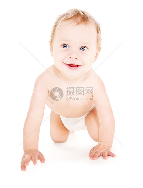 穿尿布的爬行婴儿男孩男性孩子青少年快乐皮肤微笑育儿保健尿布生活图片