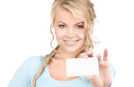 拥有名片的快乐女孩广告卡片金发女郎白色女性人士微笑蓝色空白商务图片