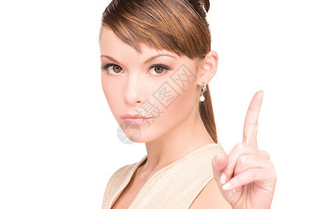 女人的手指举起她的手指手臂指挥成人白色注意力警报棕色商务手势生长图片