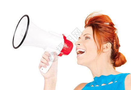 妇女用扩音器蓝色喇叭成人民众尖叫女性广播广告公告快乐图片