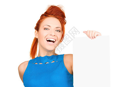 满满白板的幸福妇女空白微笑女性木板广告展示女孩海报床单快乐图片