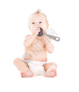 用大勺子的婴儿男孩尿布生活快乐饮食微笑营养男性青少年男生卫生图片