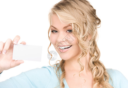 拥有名片的快乐女孩白色金发女郎人士微笑卡片商业广告商务蓝色空白图片