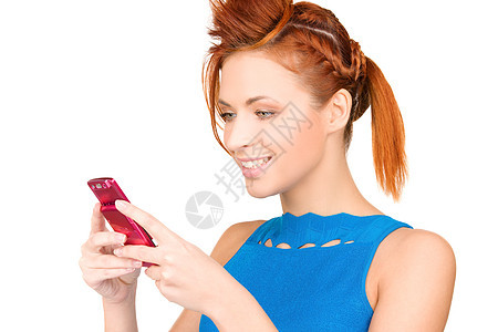 拥有手机的幸福妇女短信微笑冲浪电子邮件阅读邮件电话网络八卦技术图片