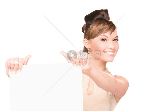 满满白板的幸福妇女黑发白色展示推介会快乐微笑广告木板海报空白图片