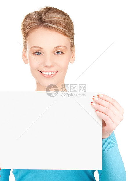 带着空白板的快乐女孩卡片空白推介会木板展示女性床单海报微笑白色图片
