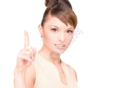 女人的手指举起她的手指手势黑发成人白色警报人士手臂注意力公告女孩图片