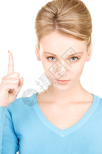 女人的手指举起她的手指指挥女性蓝色手臂人士生长手势白色商务警报图片