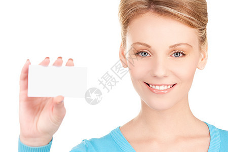 拥有名片的快乐女孩人士微笑空白广告商业女性商务蓝色白色金发女郎图片