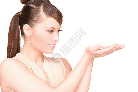椰枣树上的东西黑发快乐手势福利手掌白色女孩广告女性成人图片